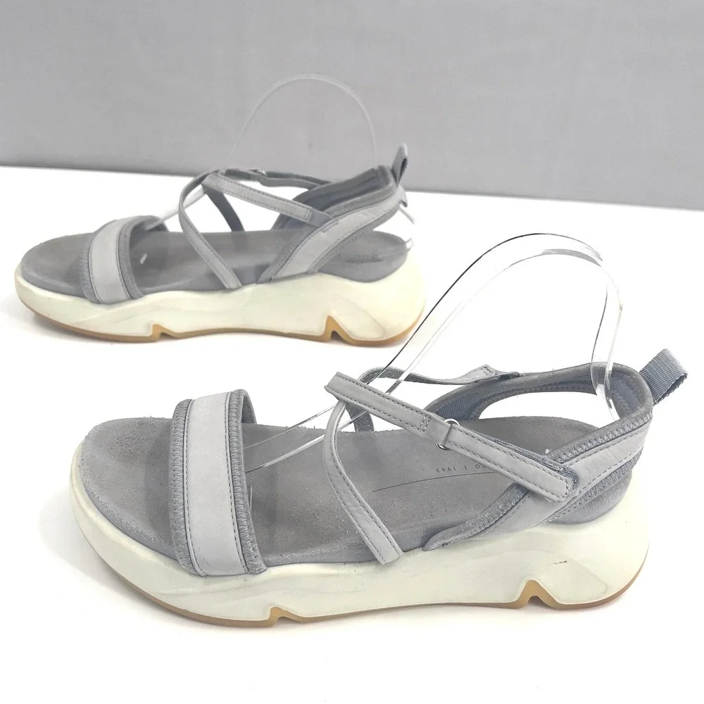 ECCO Chunky Women's Grey Leather Platform‎ Sandals Size EU 40 US 9.5